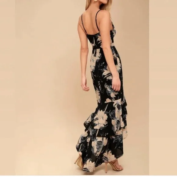 Lulus Darling Daylily Black Floral Print High-Low Maxi Dress Small - Picture 2 of 7
